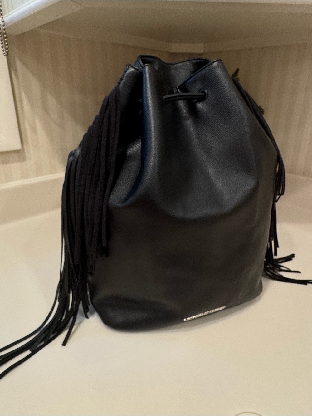 Victoria's Secret Black Faux Leather Fringe Drawstring Boho Bag - Picture 4 of 16